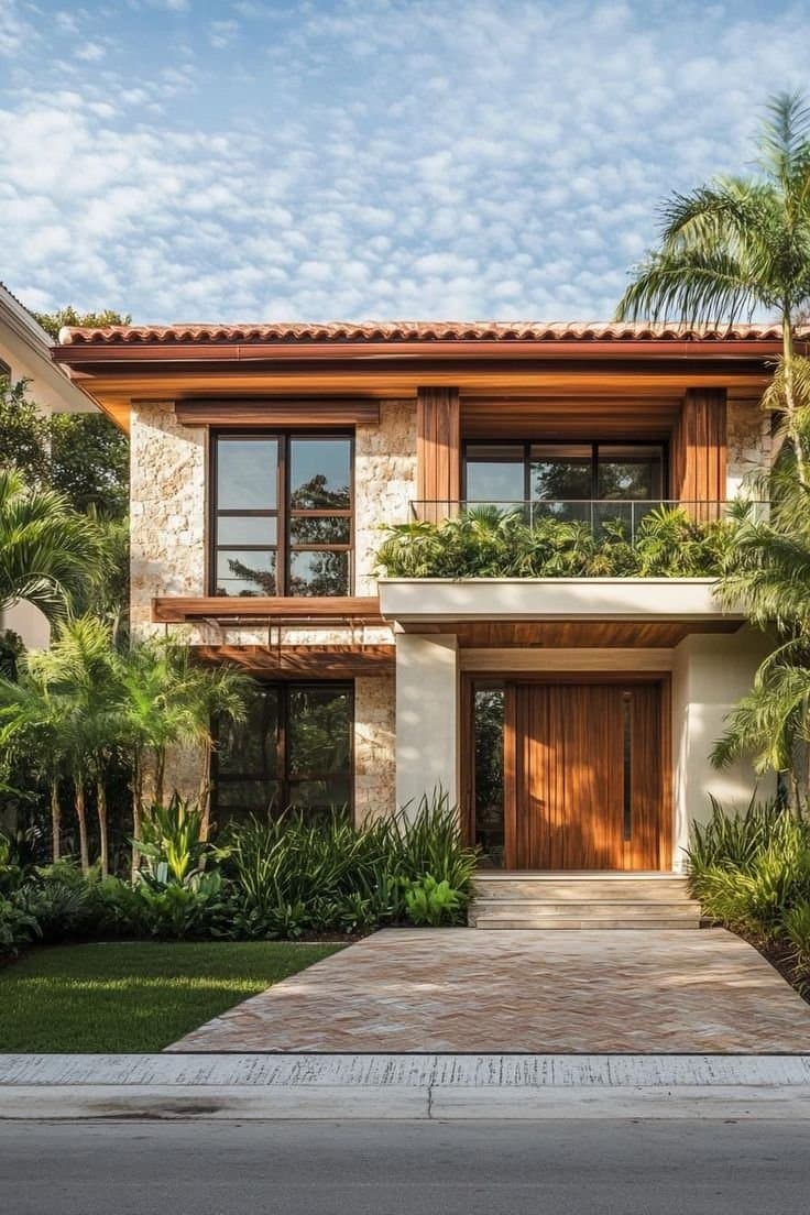 An Ubuntu Eco Gardens home concept with timber detailing and lush landscaping