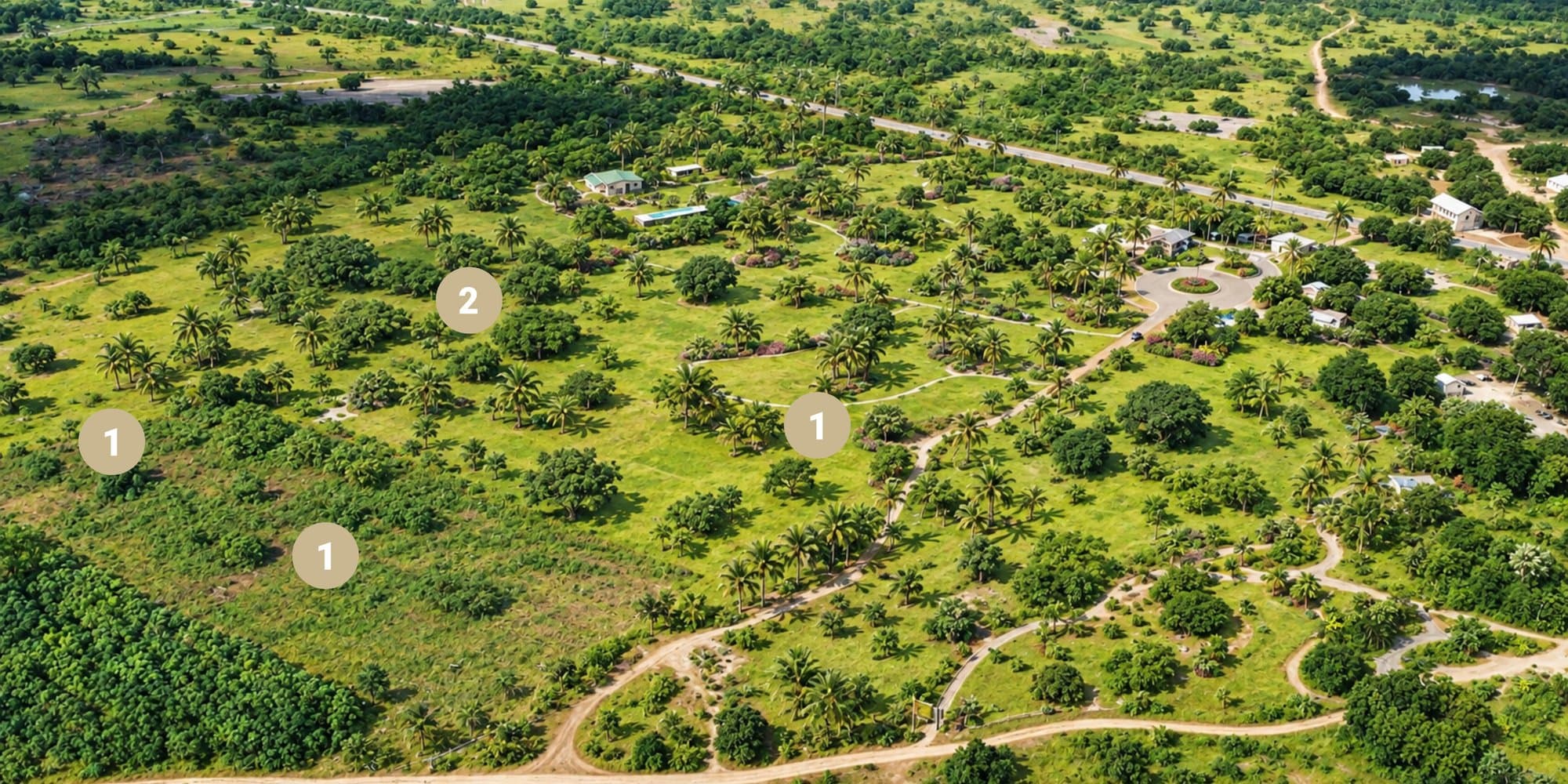 Rendered aerial view of the Ubuntu Eco Gardens community with numbered zone markers