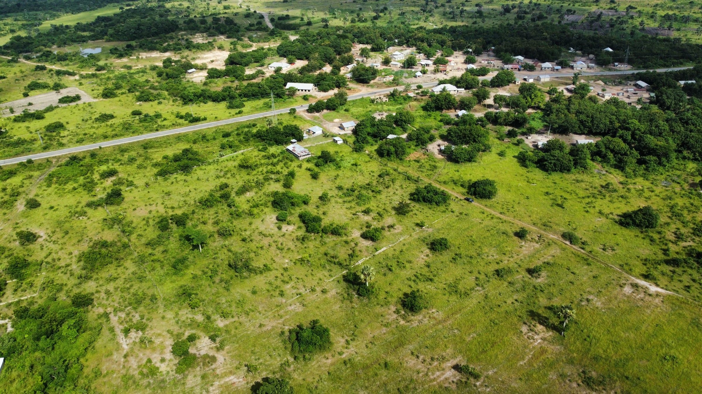 Aerial drone photo of the Adaklu landscape and access road